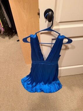 Royal Blue Pleated V-Neck Satin Dress
